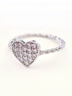 Silver Tone Heart Ring Twisted Band Size 8 Dainty Sparkle